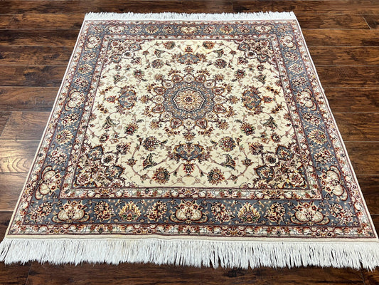 Sino Persian Square Rug 5x5, Very Fine Oriental Carpet, Wool & Silk Highlights, Ivory, Hand Knotted Handmade Vintage Traditional Rug