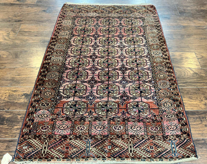 Persian Turkoman Rug 4x6, Wool Hand Knotted Antique Bokhara Carpet, Red Pink, Handmade Tribal Oriental Rug 4 x 6 ft