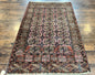 Persian Turkoman Rug 4x6, Wool Hand Knotted Antique Bokhara Carpet, Red Pink, Handmade Tribal Oriental Rug 4 x 6 ft