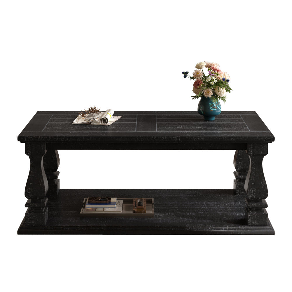 Farmhouse Coffee Table with Storage Shelf 47" Rustic Solid Wood Planked Top & Square Baluster Legs