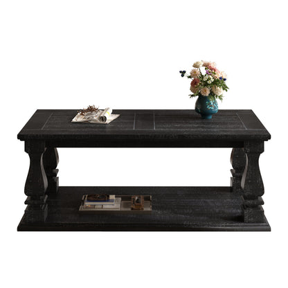 Farmhouse Coffee Table with Storage Shelf 47" Rustic Solid Wood Planked Top & Square Baluster Legs