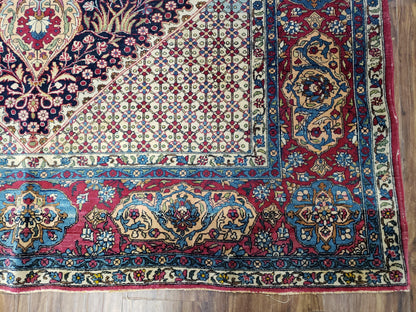 Antique Persian Tehran Rug 5x8, Midnight Blue and Red, Hand-Knotted, Wool