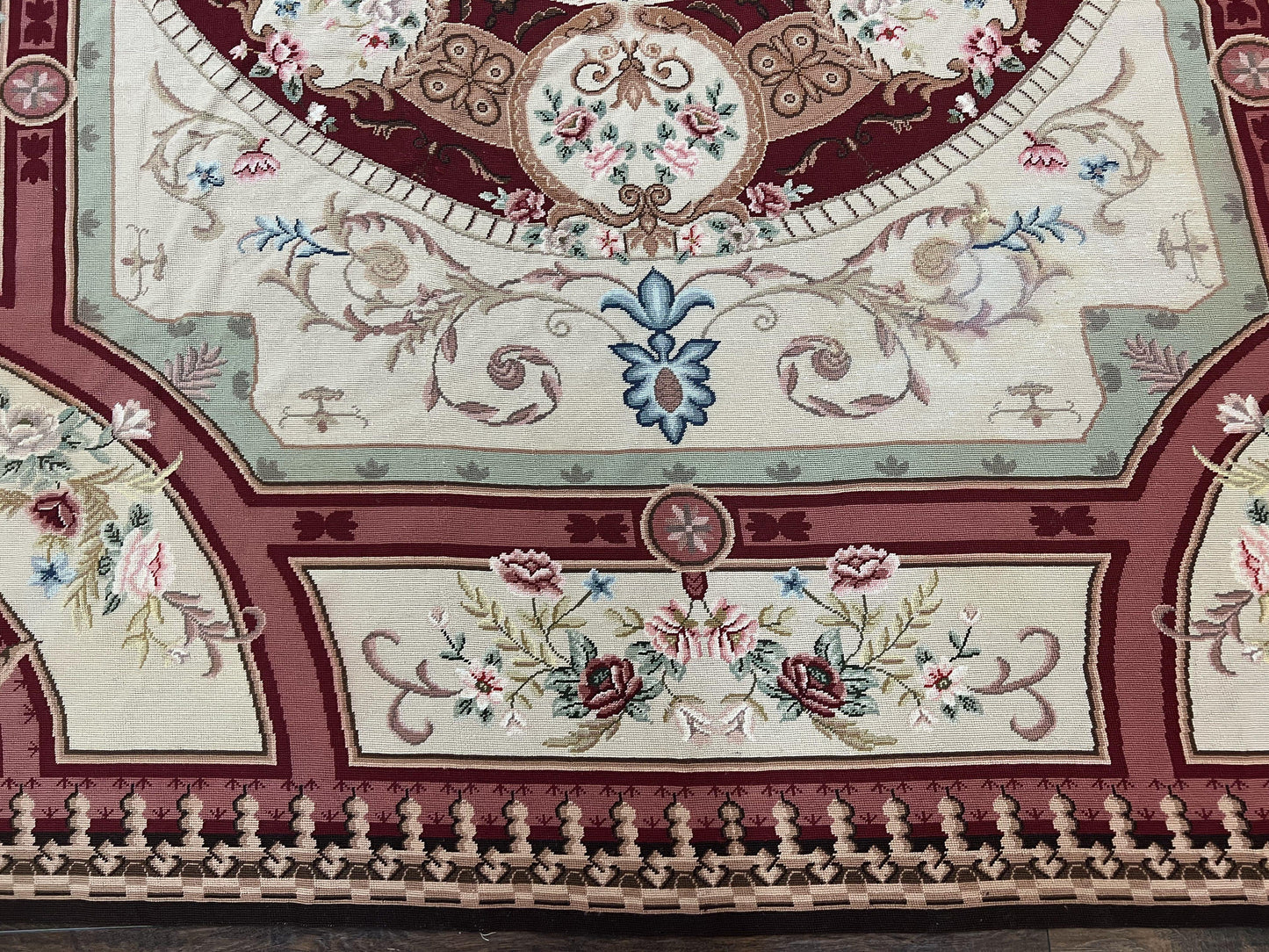 Needlepoint Rug 7.9 x 9, Beige Maroon Rose, Handmade Handwoven Flatweave Aubusson Savonnerie French European Elegant Carpet, Wool Rug