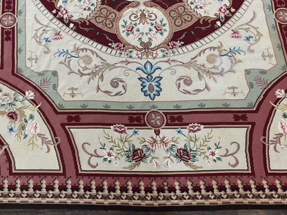 Needlepoint Rug 7.9 x 9, Beige Maroon Rose, Handmade Handwoven Flatweave Aubusson Savonnerie French European Elegant Carpet, Wool Rug