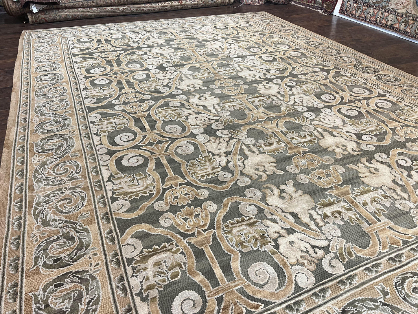Spanish Rug 11x14, Wool Hand Knotted Vintage Carpet, Olive Green and Beige, Floral Allover, European Design, 11 x 14 Rug