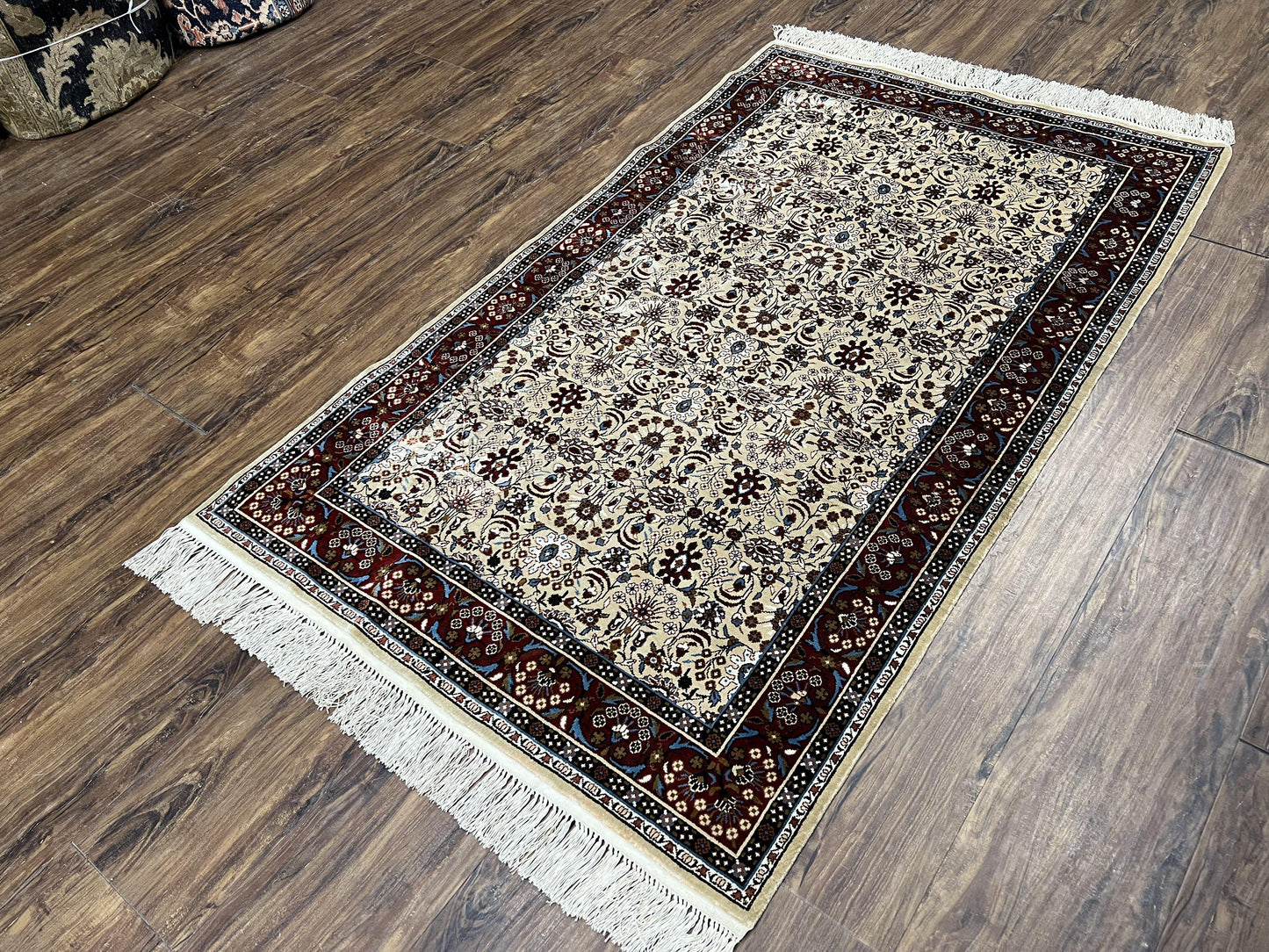 Fine Sino-Persian Silk Rug 3x5, High Quality Silk Carpet, Handmade Small Silk Rug, Allover Repeated Motif, Tan Maroon Blue Vintage Silk Rug