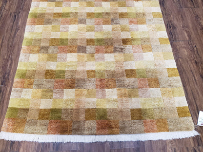 4x6 Tibetan Rug, Modern Abstract Handmade Area Rug, Checkerboard Pattern, Neutral Ivory Gold Tan Colors, Soft Pile, Mid Sized Rug, Nepali