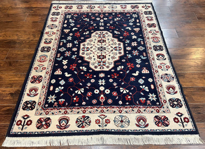 Belgium Power Loomed Rug 5.6 x 7, Navy Blue and Ivory, Heriz Pattern, Vintage Oriental Carpet
