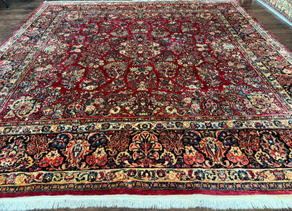 Persian Sarouk Rug 10x10, Square Persian Carpet, Red, Floral, Antique