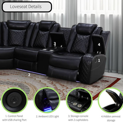 Power Recliner Sectional Sofa Black With LED Lights
