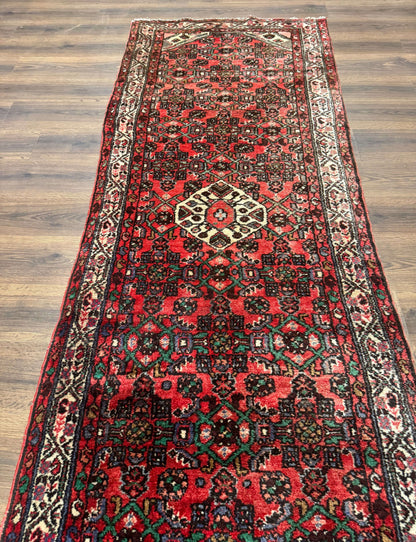 Persian Runner Rug 3x10, Wool Hand Knotted Hallway Rug 3 x 10 ft, Red and Ivory, Hamadan Angelas Runner