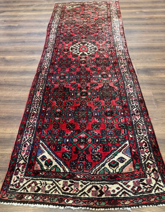 Persian Runner Rug 3x10, Wool Hand Knotted Hallway Rug 3 x 10 ft, Red and Ivory, Hamadan Angelas Runner