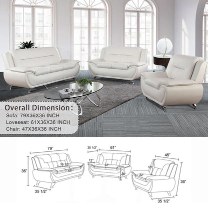Faux Leather 3 Piece Modern Living Room Sofa Set White