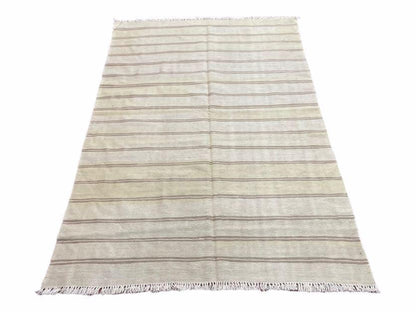 5x8 Turkish Kilim Rug, Flatweave Carpet, Striped Blanket, Southwestern Design, New, Gray, Wool, High Quality, Hand-Knotted