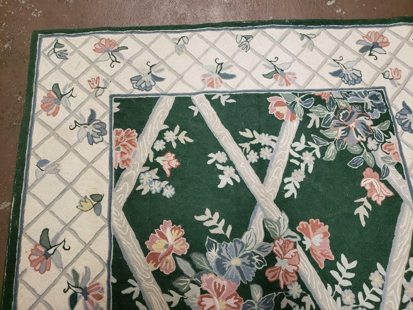 3' 6" X 5' 6" Hand Stitched Indian Wool Rug with Backing Green Beige