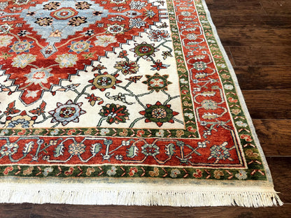 Indo Persian Heriz Rug 7x9, Geometric Pattern, Cream & Light Red, Handmade Vintage Wool Carpet