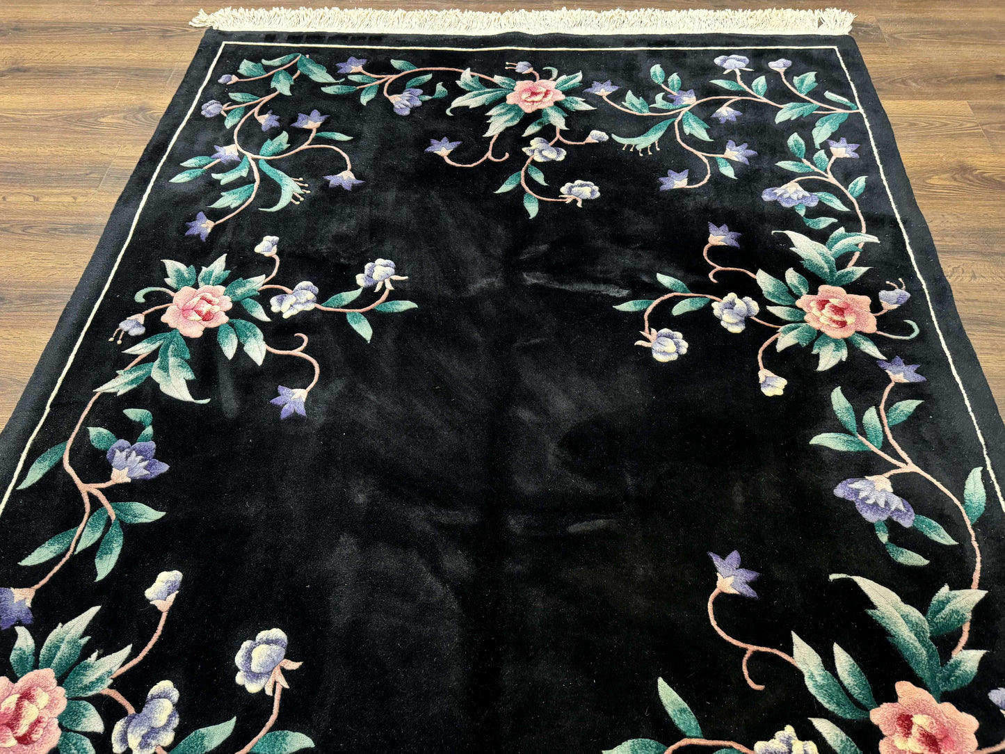 Chinese Wool Rug 6x9, Black, Floral, Minimal Design, 90 Line Carpet, Vintage Art Deco Rug