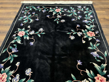 Chinese Wool Rug 6x9, Black, Floral, Minimal Design, 90 Line Carpet, Vintage Art Deco Rug