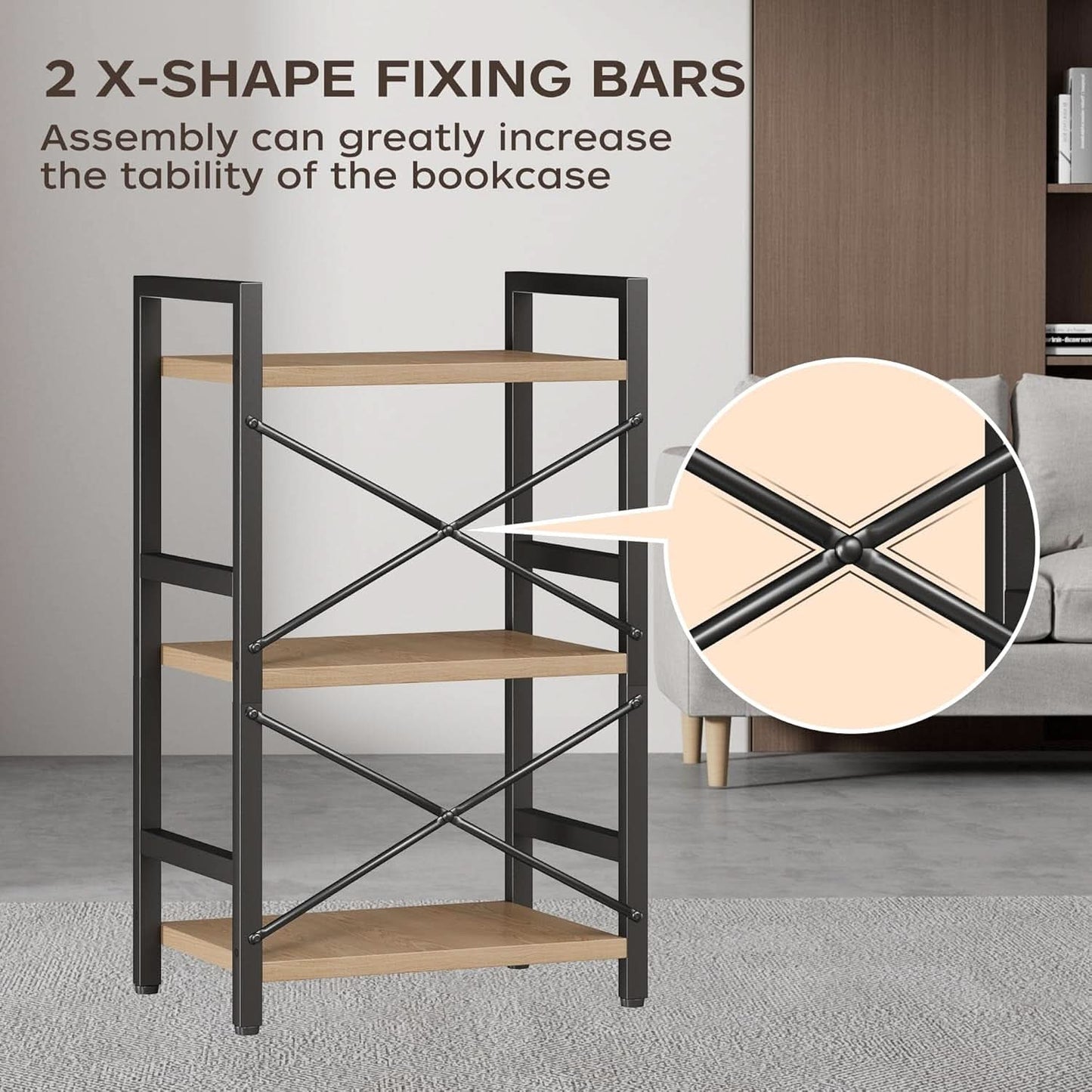 3 Tier Industrial Metal Bookcase Rustic Etagere Shelf Light Coffee