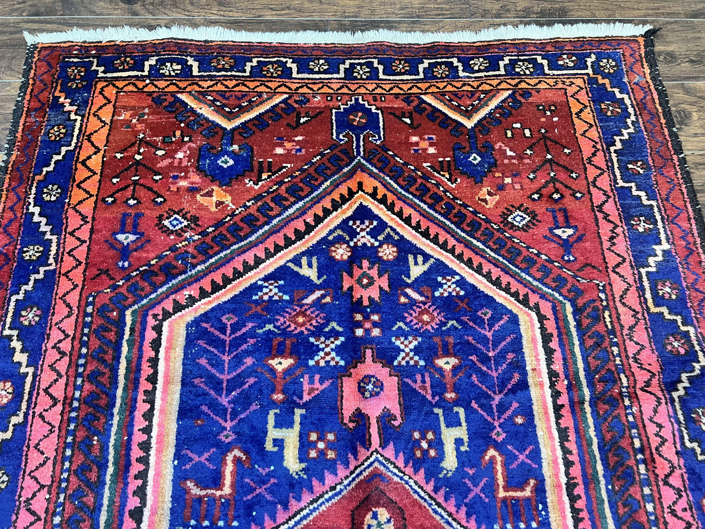 Persian Tribal Rug 5x7, Wool Handmade Vintage Hamadan Nahavand Carpet, Red & Navy Blue, Animal Motifs, Geometric Oriental Rug 5 x 7