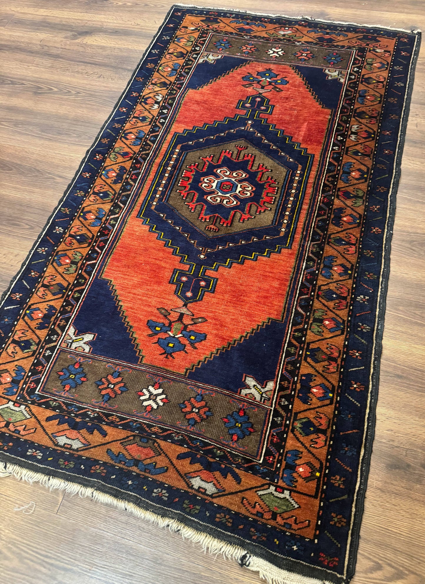 Persian Rug 3x6, Geometric Medallion, Village Tribal Rug, Terracotta and Navy Blue, Antique Nahavand Hamadan Rug