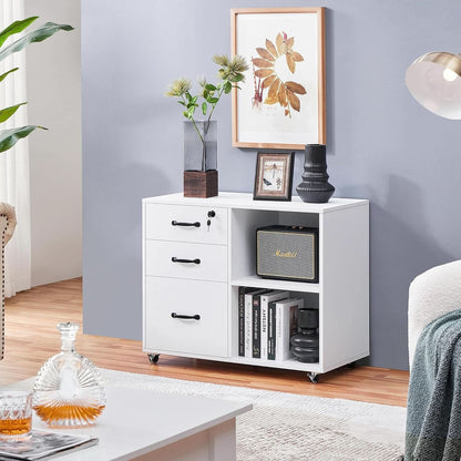 3 Drawer File Cabinet White Mobile Lateral Filing Cabinet With Lockable Top Drawer And Open Shelves For Home Office