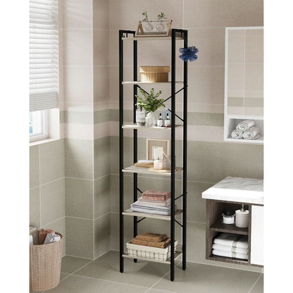 Greige Six Tier Narrow Bookshelf With Two Hooks Industrial
