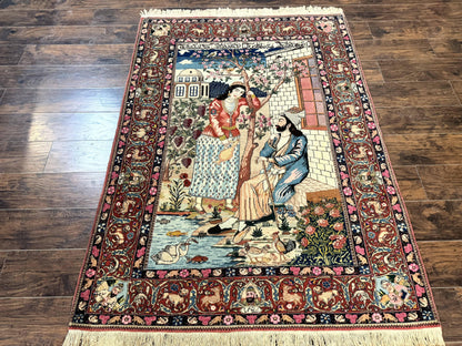 Wonderful Persian Kashan Pictorial Rug 4.7 x 6.5, Persian Rug for Wall Hanging, Handmade Antique Wool Carpet Animal Motifs Poetry Lovers, 240 KPSI