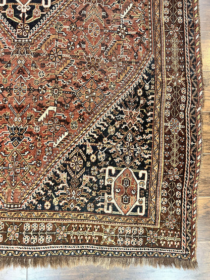 Antique Persian Shiraz Tribal Rug 6x8, Geometric Rug, Wool Handmade Hand Knotted Carpet, Red Blue