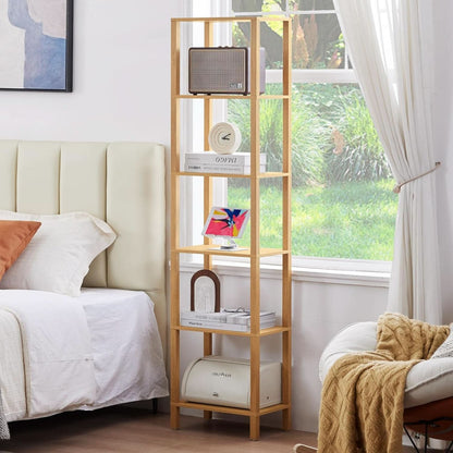 66In Tall 6 Tier Narrow Wood Bookcase Slim Shelf Living Room