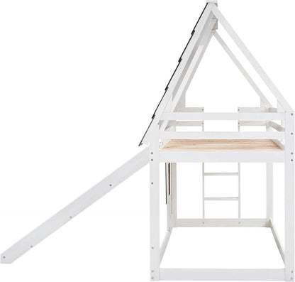 Twin Over Twin House Bunk Bed Frame White Brown With Roof