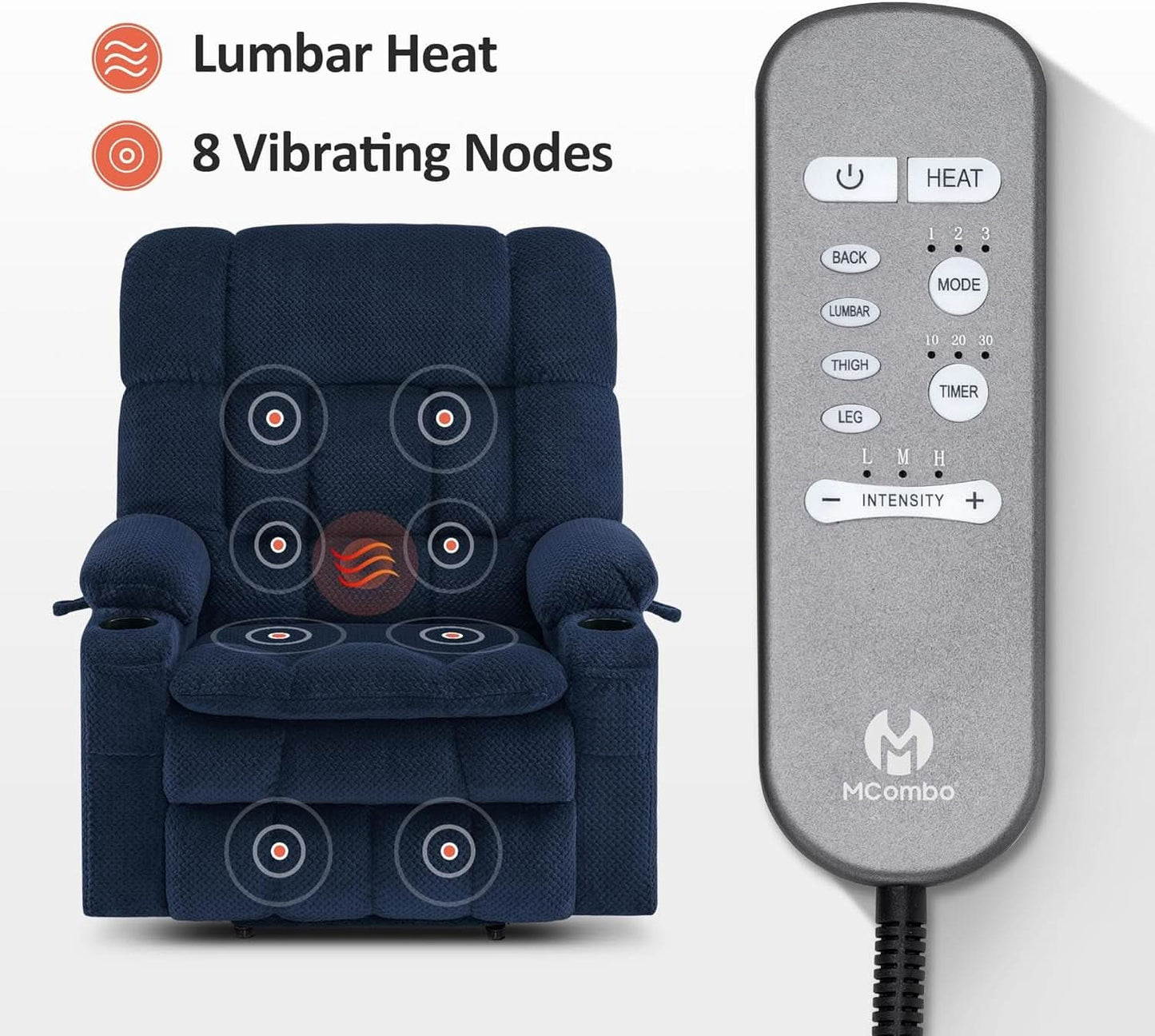 Large Wide Navy Blue Dual Motor Lift Recliner Massage And Heat