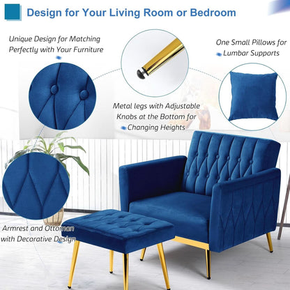 Velvet Futon Sofa Set Two Piece With Convertible Sofa Bed And Tufted Accent Chair In Blue