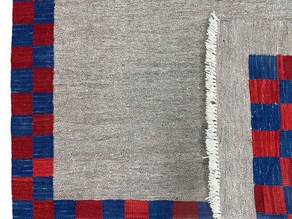 5' 7" x 7' 9" Geometric Kilim Carpet, Gray, Handmade, Hand-Knotted Area Rug, Blue & Red, Flatweave, Wool, New, Checkerboard Pattern