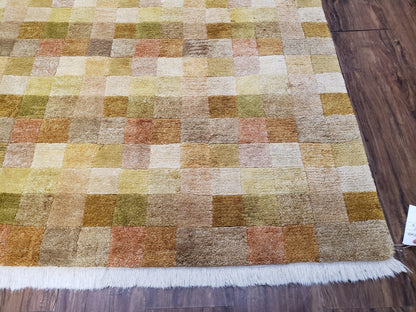 4x6 Tibetan Rug, Modern Abstract Handmade Area Rug, Checkerboard Pattern, Neutral Ivory Gold Tan Colors, Soft Pile, Mid Sized Rug, Nepali