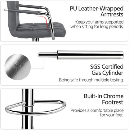 Grey Adjustable PU Leather Swivel Bar Stools Set Of 2