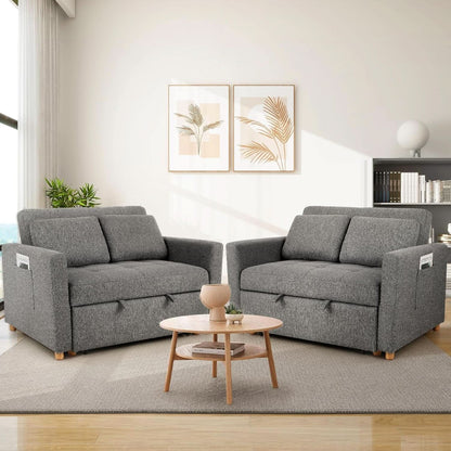 Sleeper Sofa Bed, 3-In-1 Convertible Sofa Chair, Linen Fabric Pull Out Couch Bed, Loveseat Sleeper with Spring Support, Adjustable Backrest, 2 Seater Recliner Chair for Small Space, Dark Grey