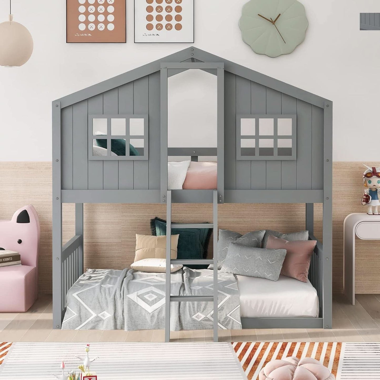 Gray Twin Over Twin House Bunk Bed With Roof For Kids