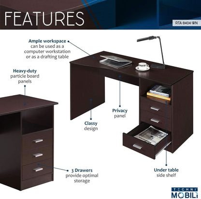 Wenge Computer Desk With 3 Drawers And Side Storage Shelf