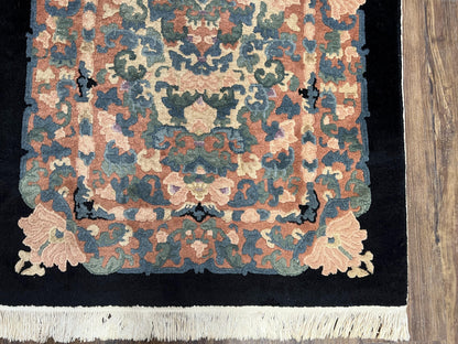 Chinese Art Deco Rug 3x5, Black and Beige Chinese Carpet 3 x 5, Vintage Rug, 1950s Rug, Floral Rug, Handmade Rug, Art Deco Rug, Wool Rug