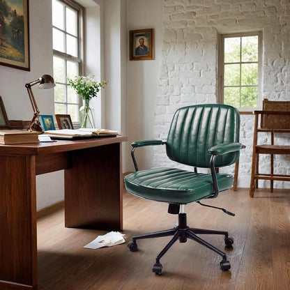 Green Leather Mid Century Office Chair With Wheels And Arms