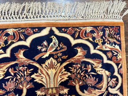 Persian Isfahan Rug 2x4, Birds, Navy Blue, Kork Wool on Silk Foundation, 460 KPSI