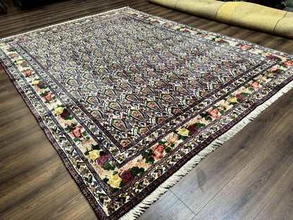 Persian Rug 8x11, Boteh Design, Repeated Paisleys, Persian Kurdish Rug, Bird Pictorials, Rare Antique Persian Kurdish Sannadaji Carpet