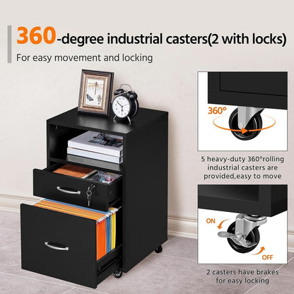 Black Under Desk File Cabinet 2 Drawers Lockable Wheels
