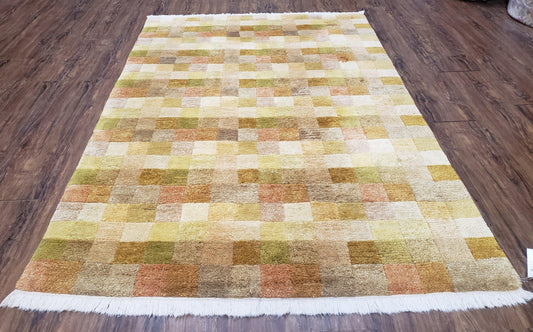 4x6 Tibetan Rug, Modern Abstract Handmade Area Rug, Checkerboard Pattern, Neutral Ivory Gold Tan Colors, Soft Pile, Mid Sized Rug, Nepali