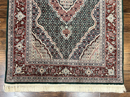 Sino Persian Rug 4x6, Wool with Silk Highlights, Fine Hand Knotted Carpet, Green & Maroon Red, Herati Medallion, Vintage Rug