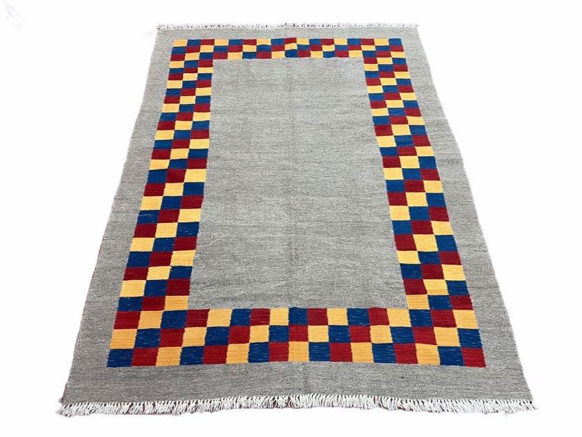 Gray Kilim Carpet, Yellow, Red, Blue Checkerboard Pattern, Flatweave, New, Geometric, Hand-Knotted, Wool, Turkish Area Rug, 5' 9" x 7' 9"