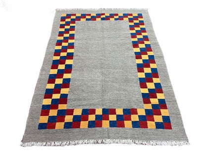 Gray Kilim Carpet, Yellow, Red, Blue Checkerboard Pattern, Flatweave, New, Geometric, Hand-Knotted, Wool, Turkish Area Rug, 5' 9" x 7' 9"