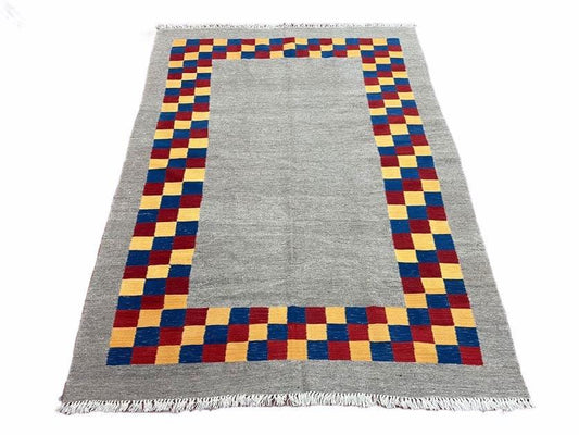Gray Kilim Carpet, Yellow, Red, Blue Checkerboard Pattern, Flatweave, New, Geometric, Hand-Knotted, Wool, Turkish Area Rug, 5' 9" x 7' 9"