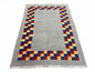 Gray Kilim Carpet, Yellow, Red, Blue Checkerboard Pattern, Flatweave, New, Geometric, Hand-Knotted, Wool, Turkish Area Rug, 5' 9" x 7' 9"